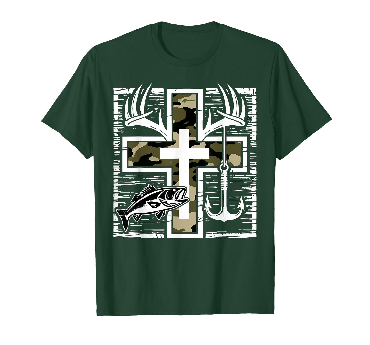 Faith Fishing Hunting Camo Cross with Hook Bass Christian T-Shirt