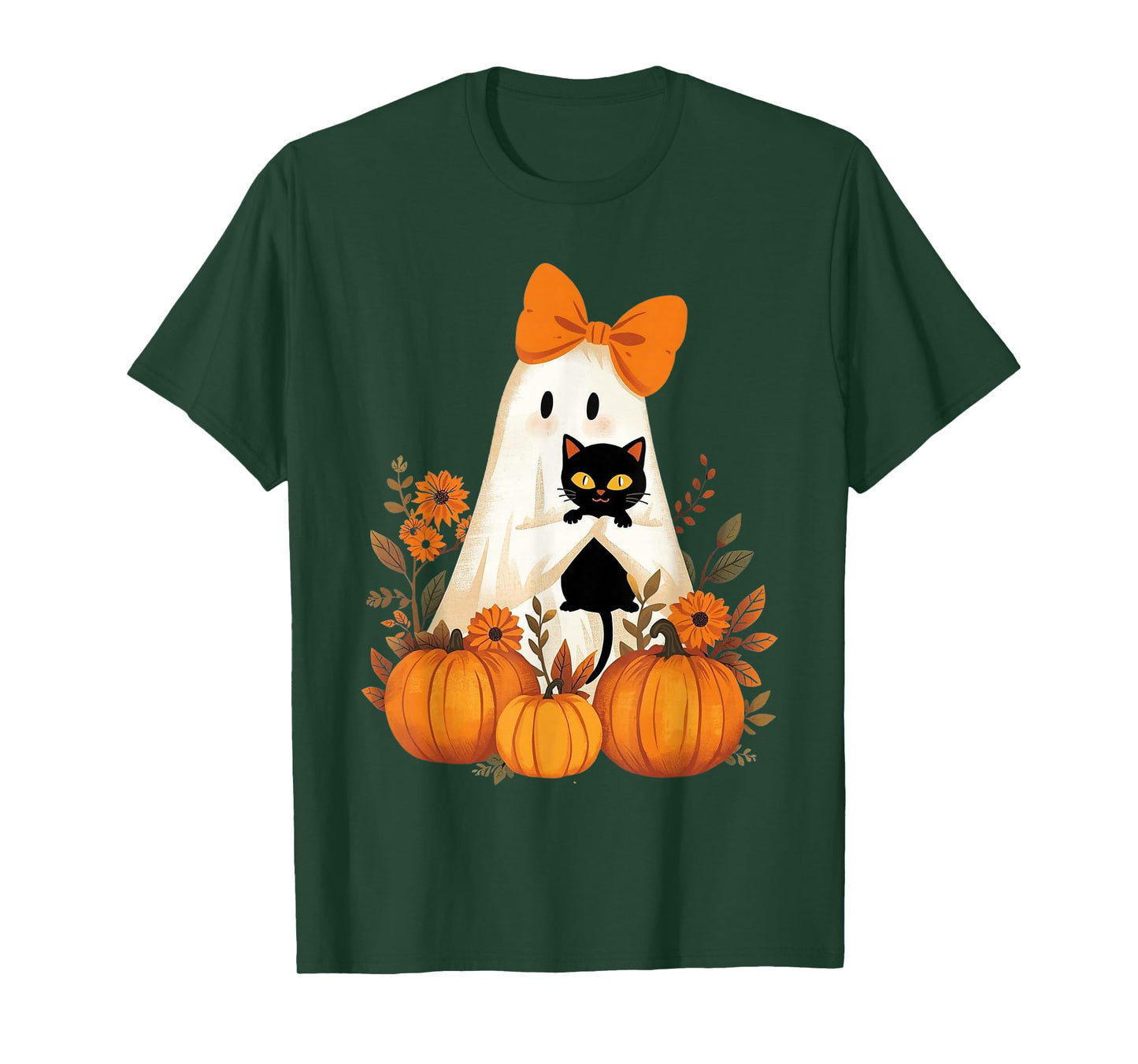 Vintage Halloween Ghost Holding Cat Groovy Floral Cat Meme T-Shirt