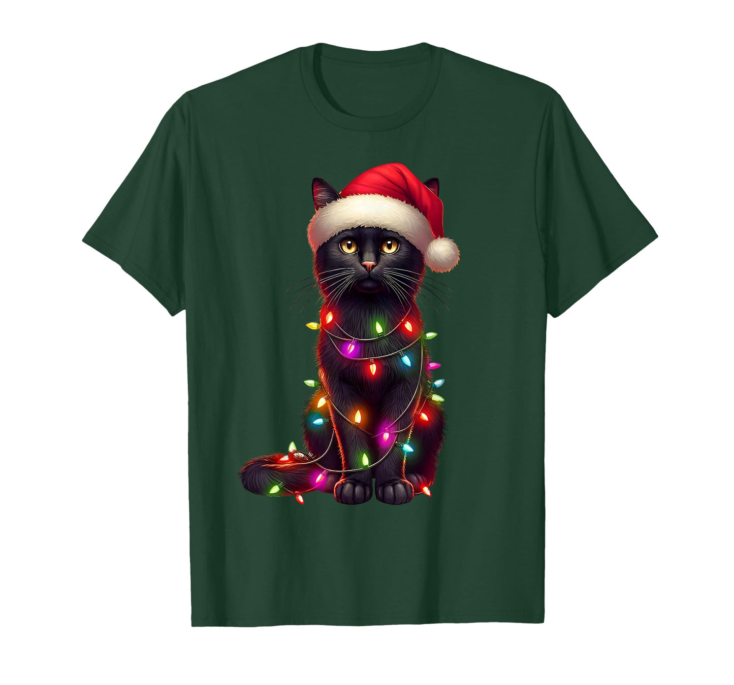 Black Cat Christmas Tree Lights Santa Xmas Pajama Cat Lover T-Shirt