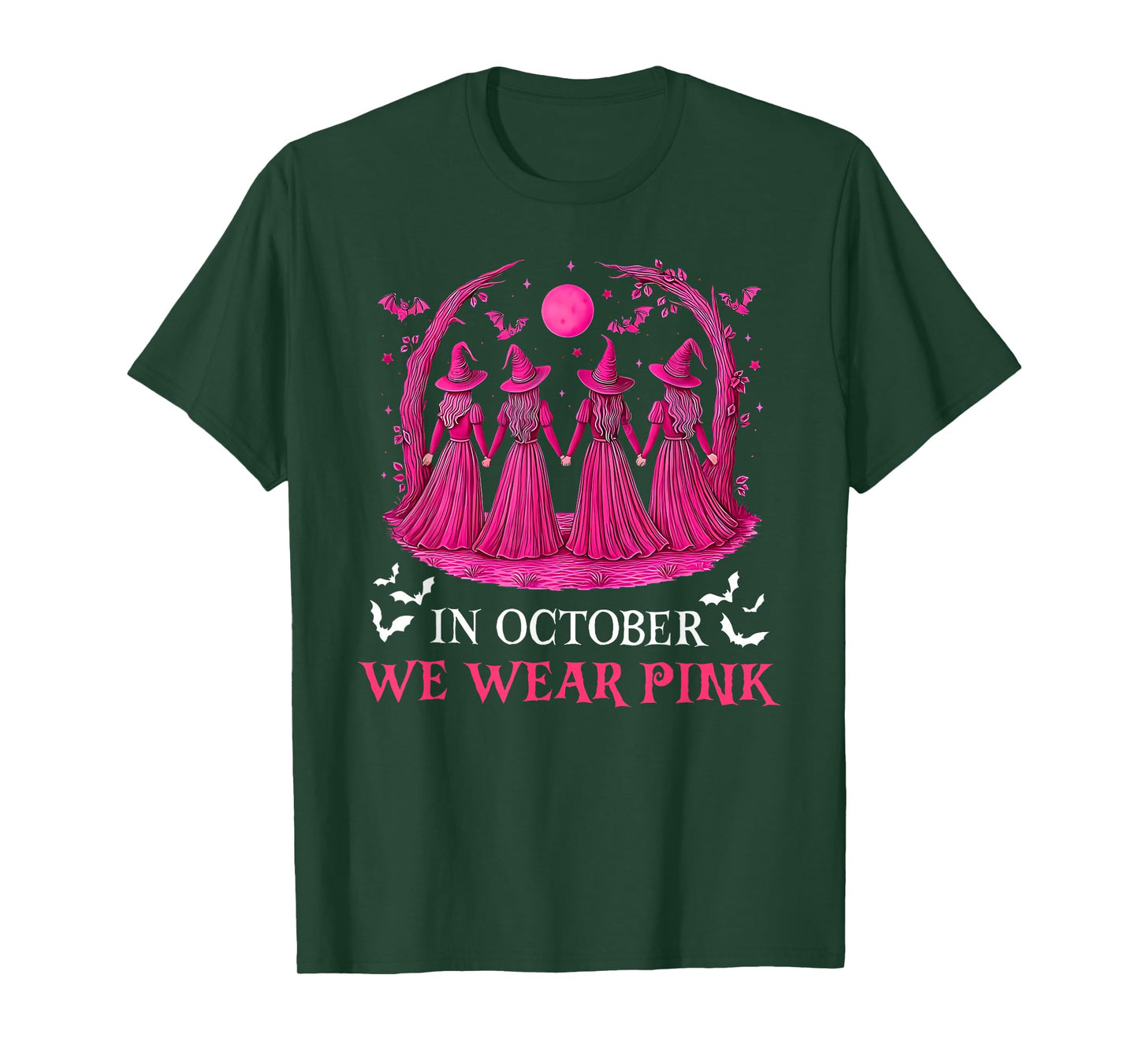 in October We Wear Pink Witch Halloween Breast Cancer Women T-Shirt