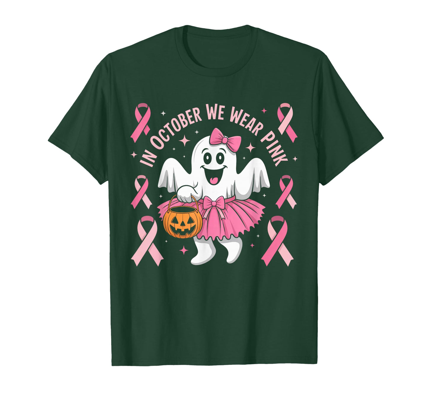 in October We Wear Pink Ghost Witch Breast Cancer Awareness T-Shirt