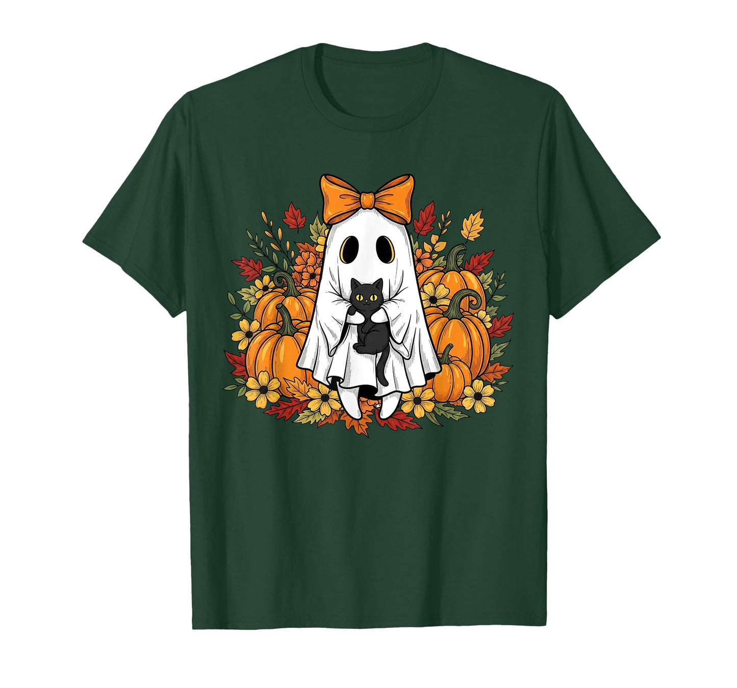 Vintage Halloween Ghost Holding Black Cat Groovy Floral T-Shirt