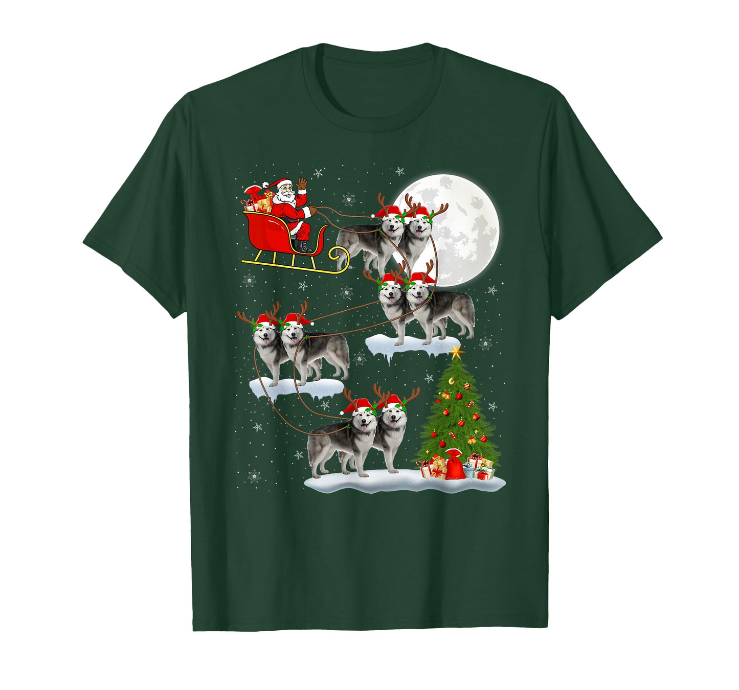 Alaskan Malamute Dog Santa Sleigh Flying Funny Christmas T-Shirt