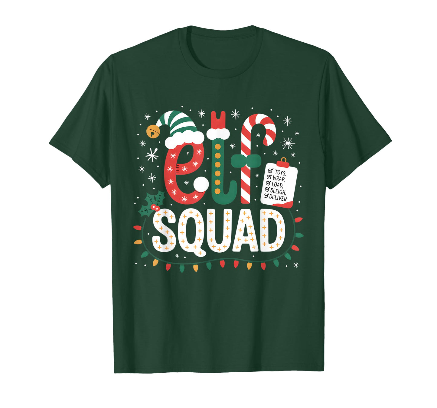 Elf Squad Santa Checklist Christmas Lights Family Kids Women T-Shirt