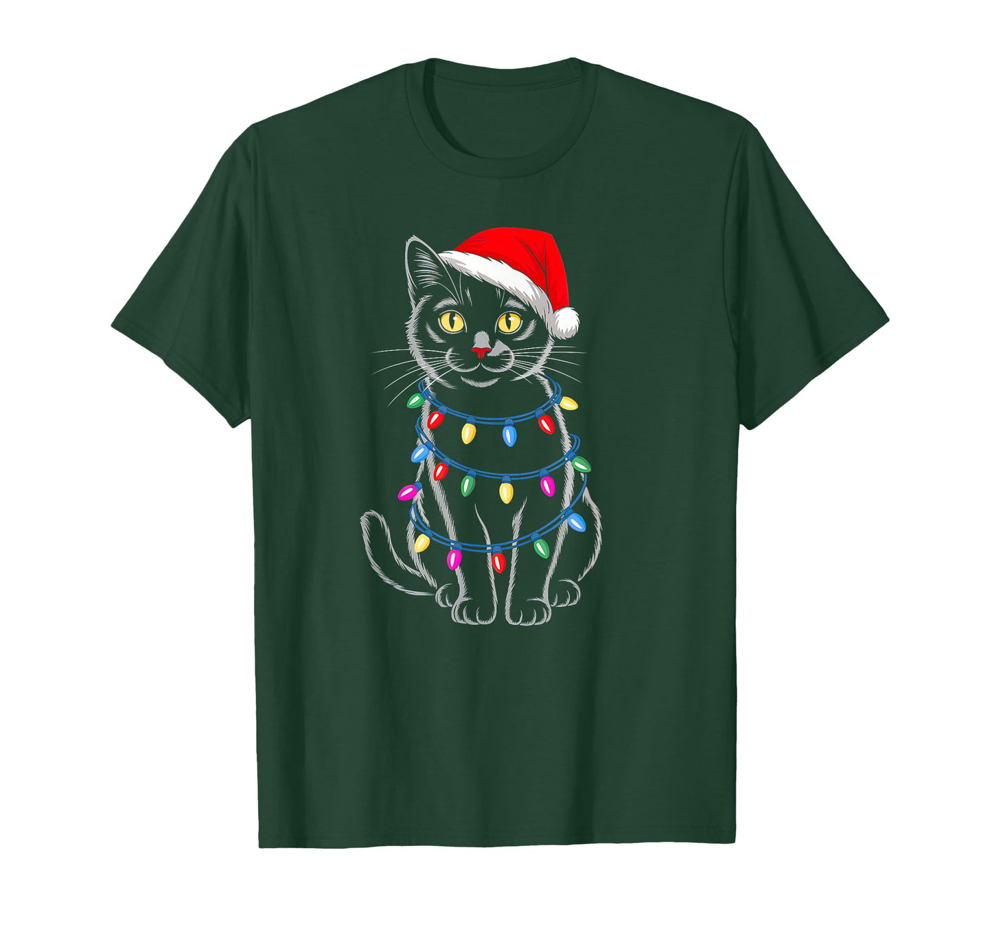 Black Cat Christmas Lights Santa Hat Family Xmas Cat Lovers T-Shirt