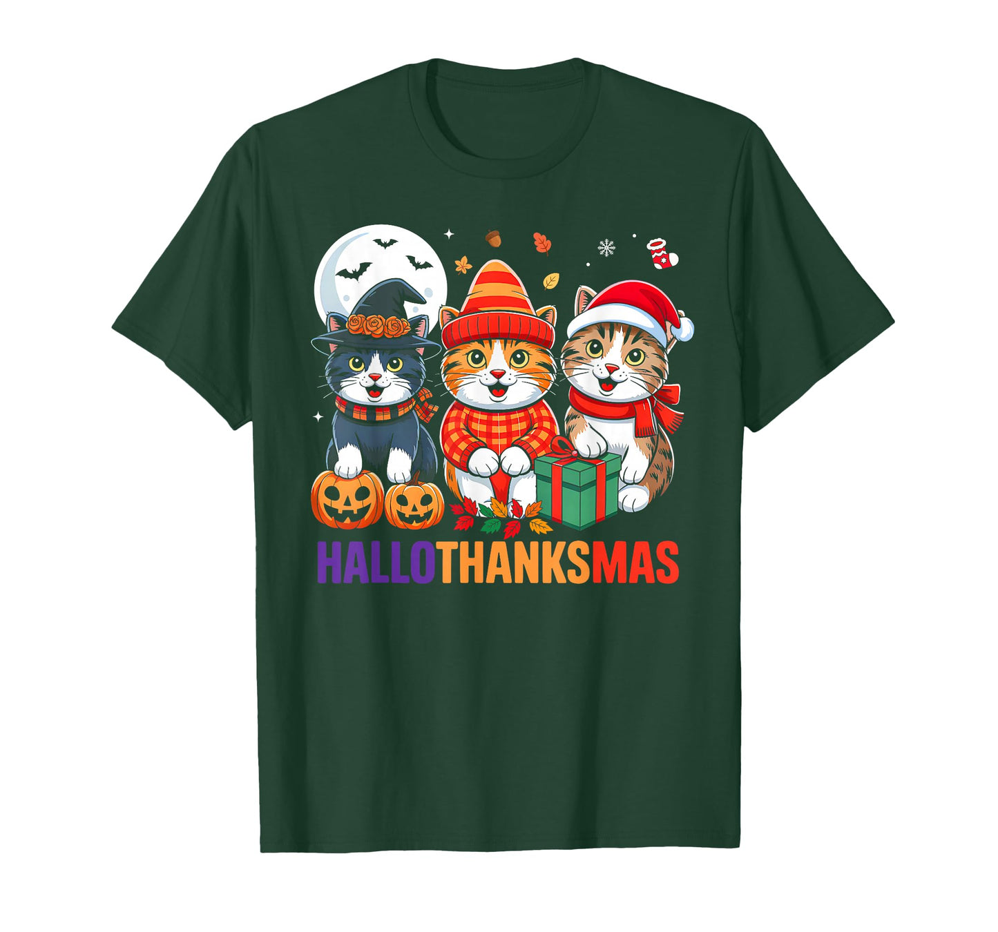 Cat Halloween Thanksgiving Christmas Happy HalloThanksMas T-Shirt