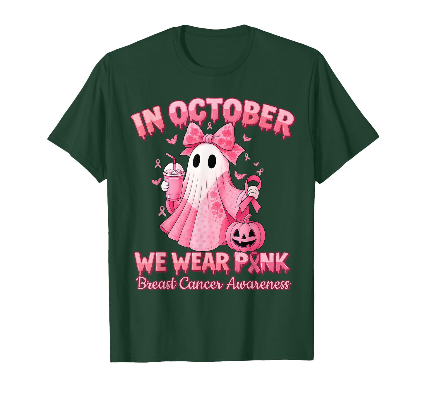 in October We Wear Pink Ghost Witch Breast Cancer Awareness T-Shirt