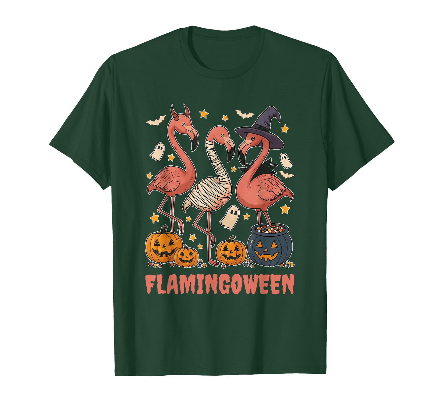 Flamingoween Halloween Flamingo Skeleton Witch Design T-Shirt