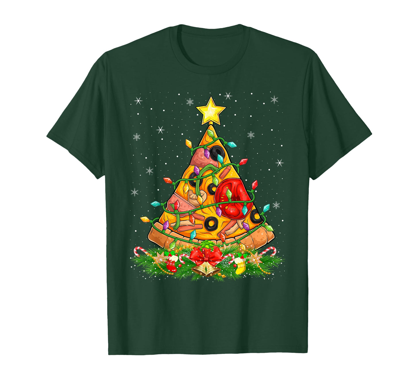 Pizza Christmas Tree Lights Funny Fast Food Pizza Lover Xmas T-Shirt