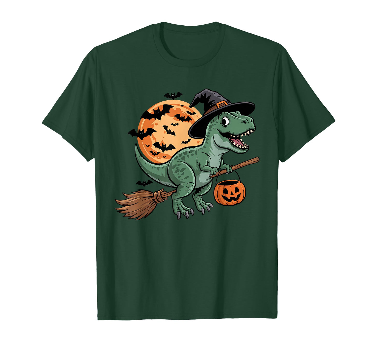 Halloween Dinosaur Witch Hat and Broom Pumpkin Candy Bucket T-Shirt