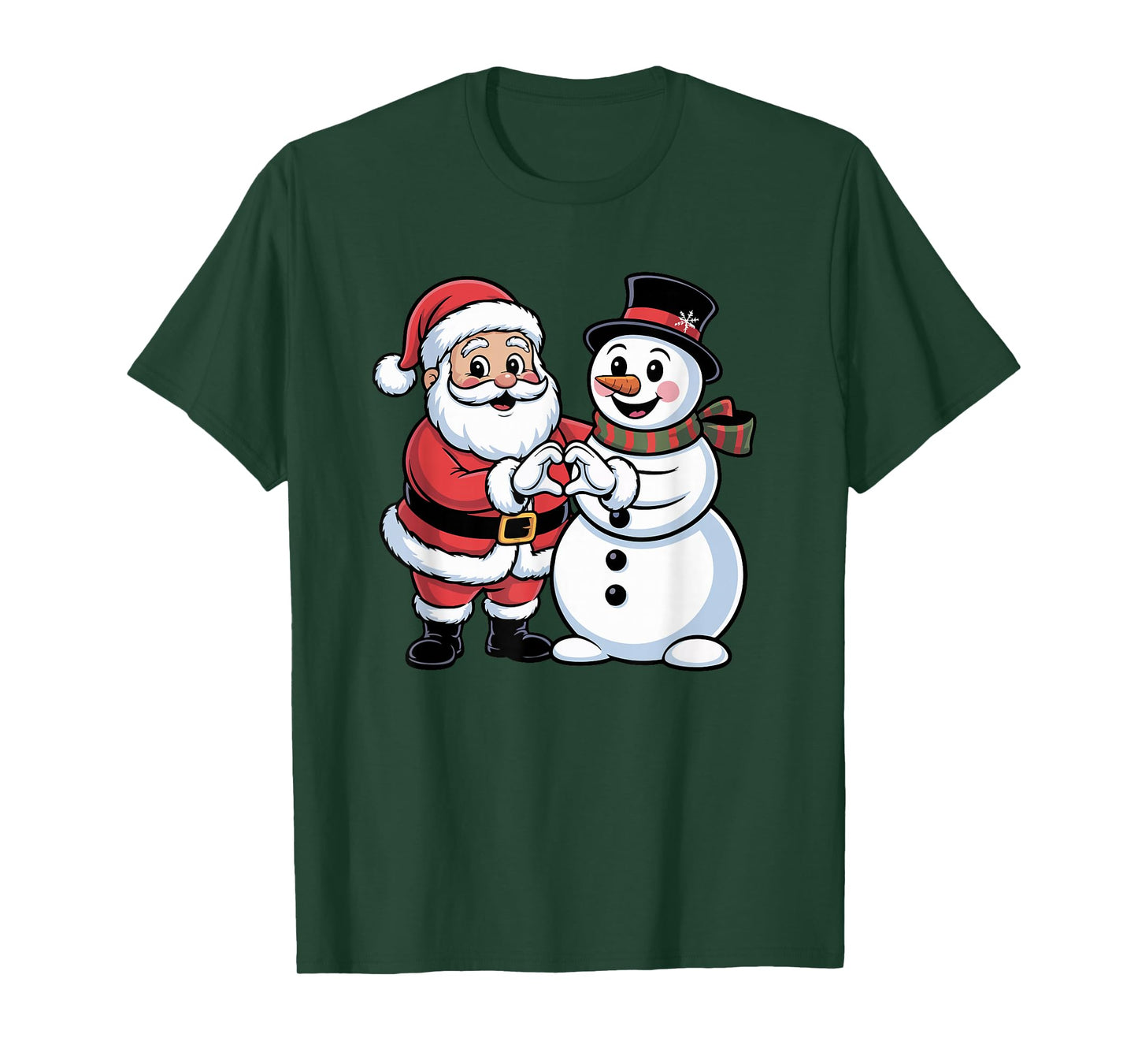Santa Claus and Snowman Heart Hand Sign Christmas Kids Women T-Shirt