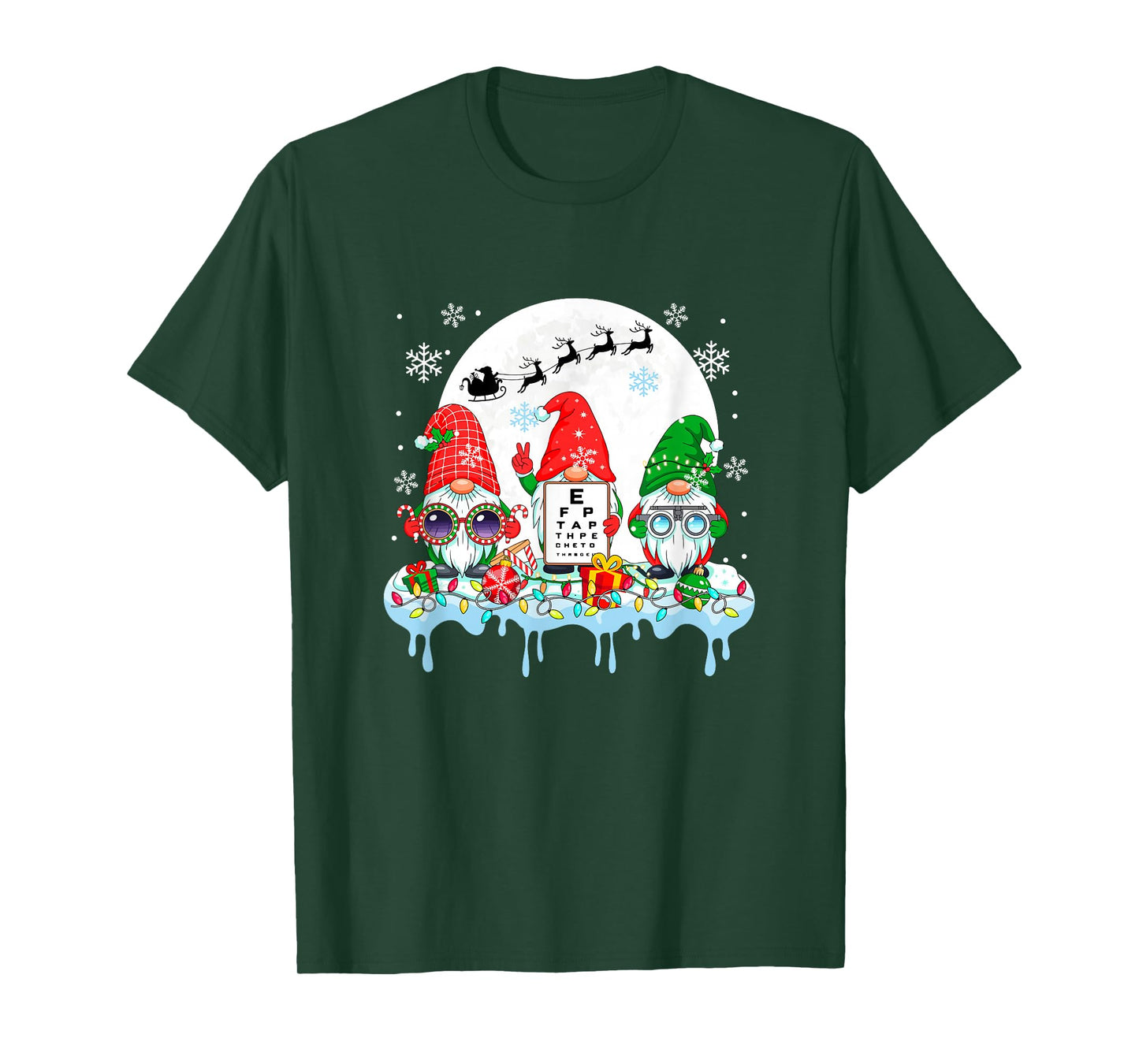 Three Colorful Gnomes with Optical Technician Tools Xmas T-Shirt