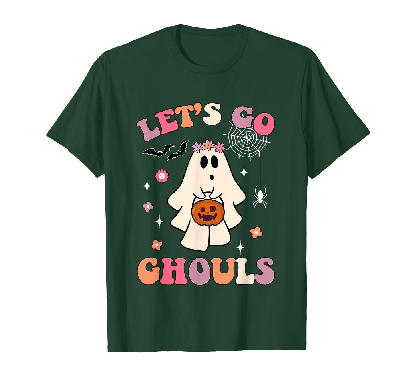 Funny Halloween Ghost Holding Pumpkin Let's Go Ghouls Groovy T-Shirt