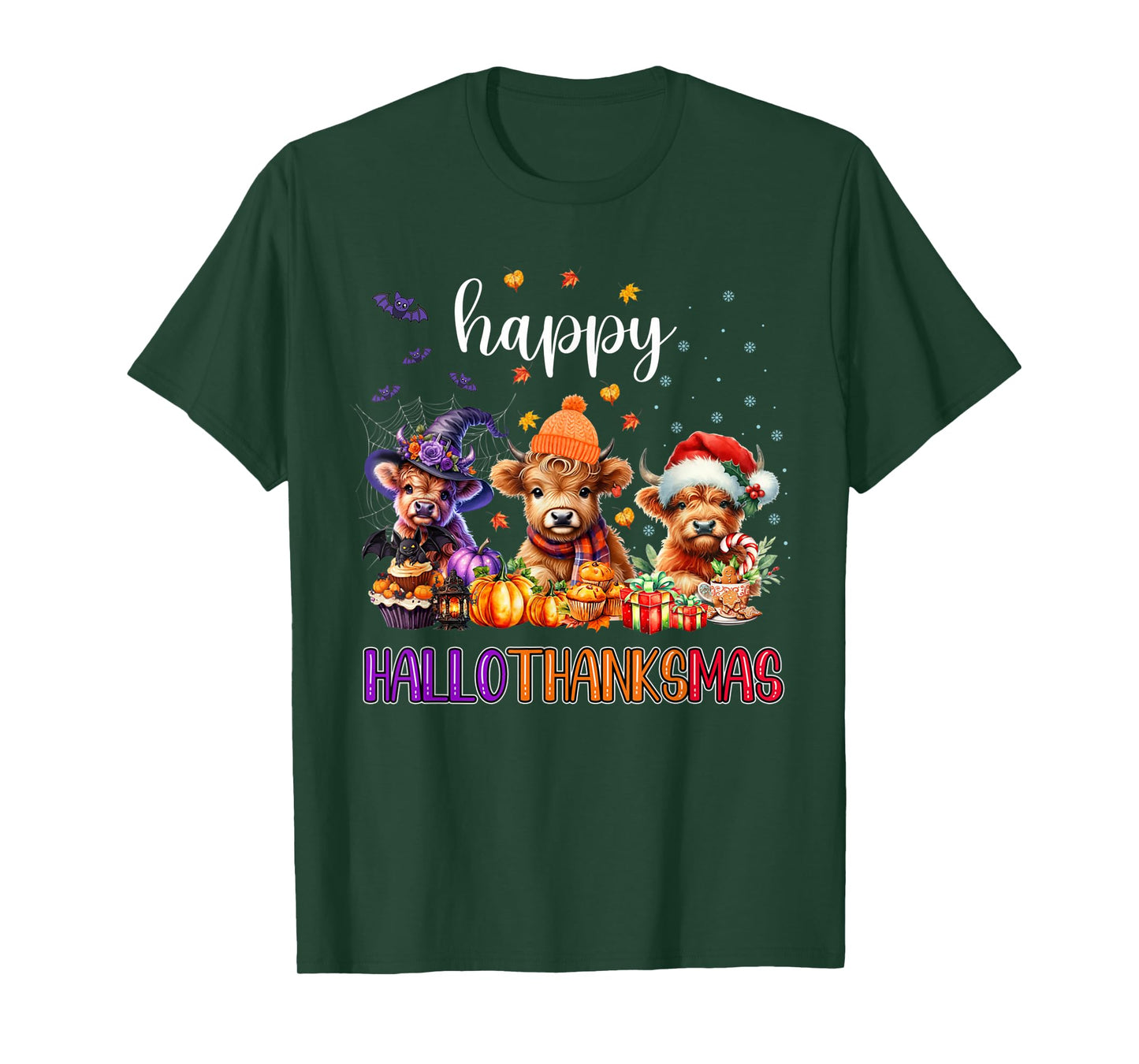 Happy Hallothanksmas Highland Cow Halloween Thanksgiving T-Shirt