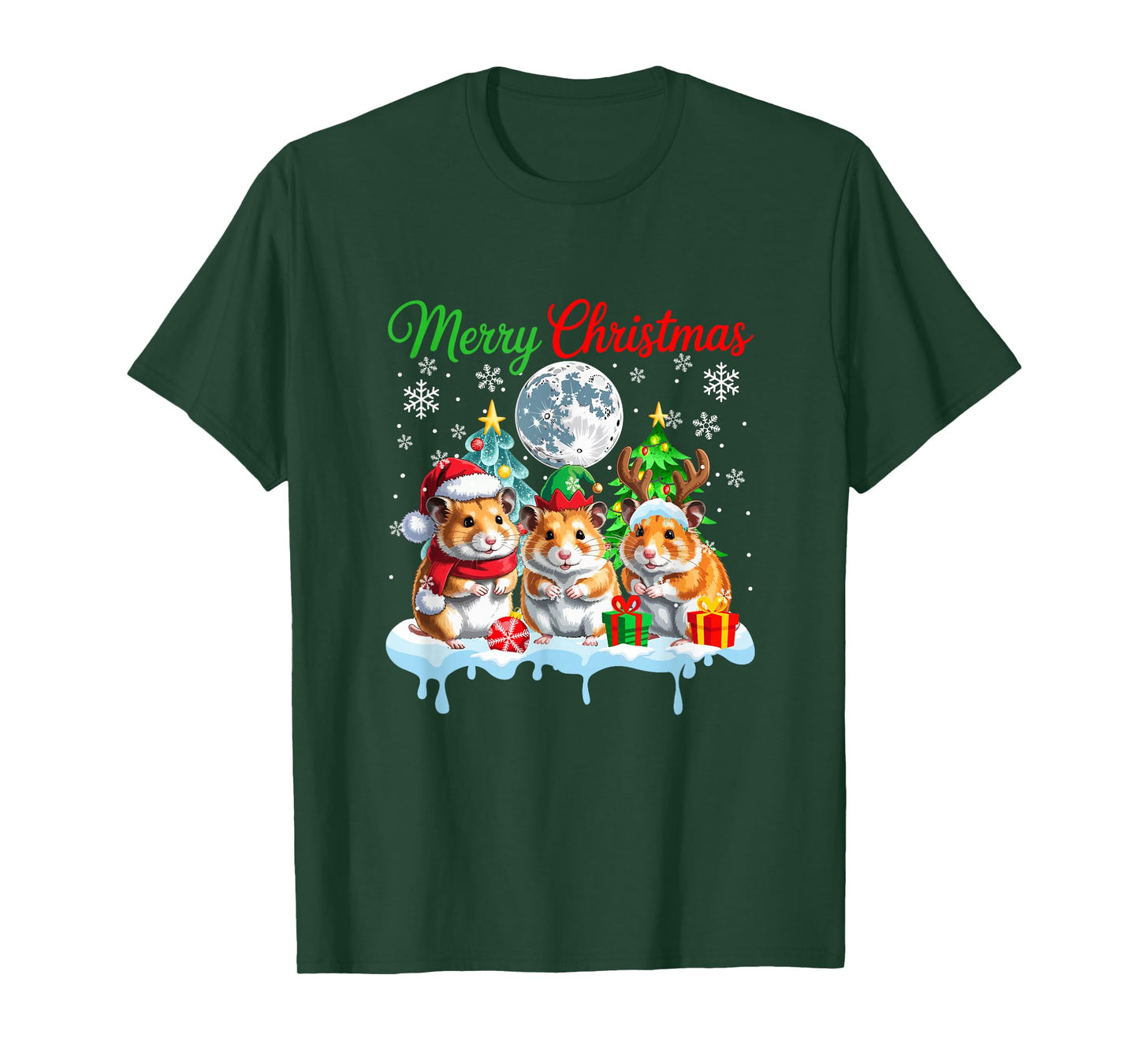 Merry Christmas Three Santa Elf Reindeer Hamsters Rodent T-Shirt