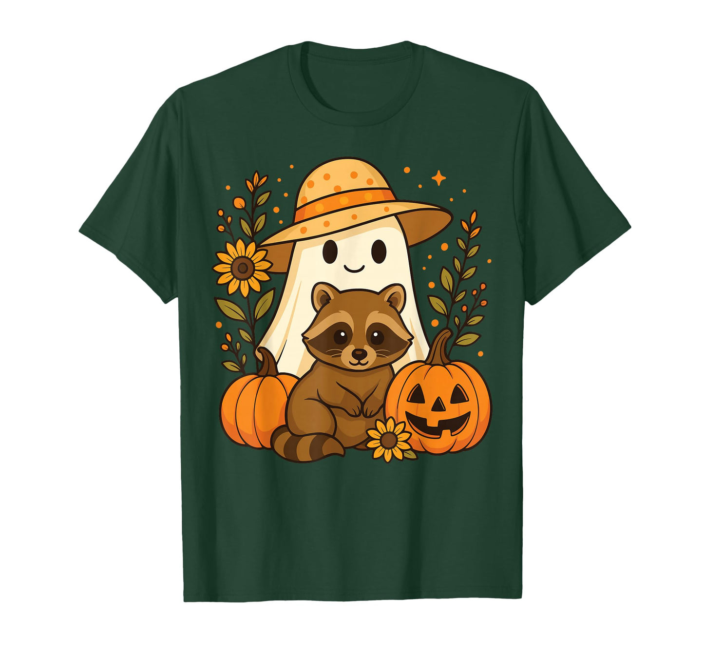 Vintage Halloween Ghost Holding Raccoon Groovy Floral Fall T-Shirt