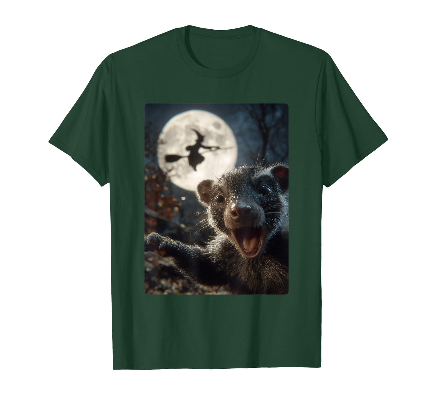 Funny Skunk Selfie Full Moon Flying Witch Forest Halloween T-Shirt
