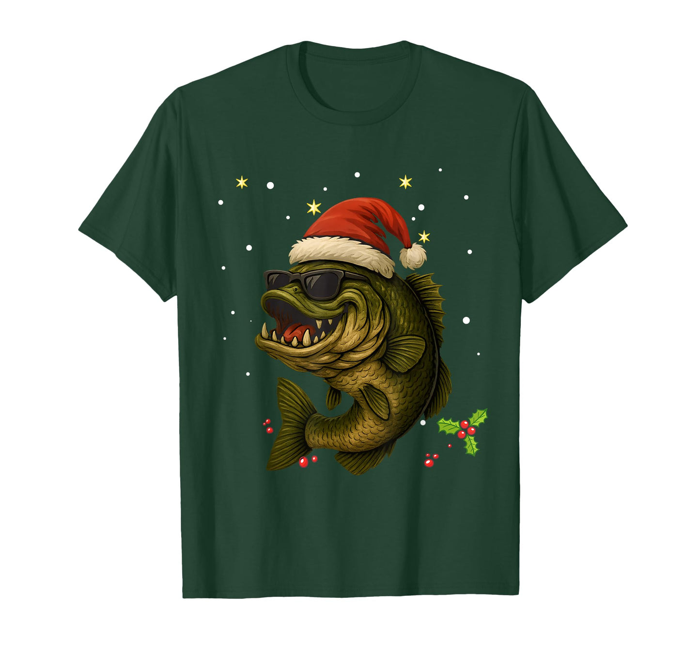 Santa Bass Fish with Sunglasses Holiday Tee Funny Christmas T-Shirt