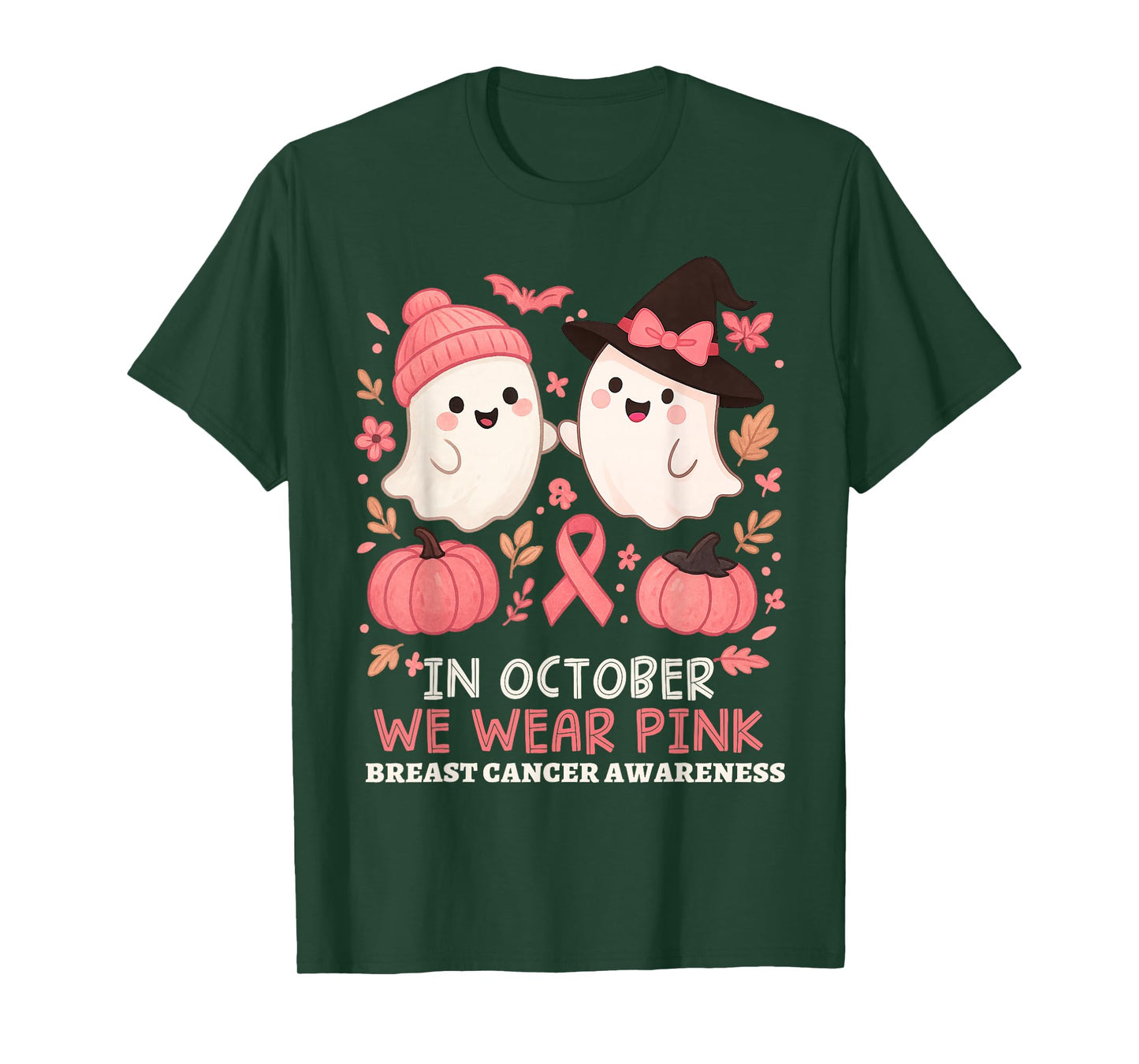 in October We Wear Pink Ghost Witch Breast Cancer Awareness T-Shirt