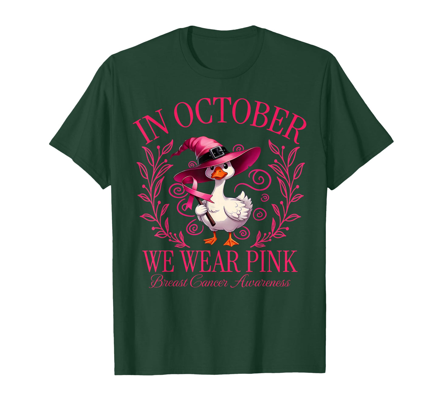 in October We Wear Pink Witch Goose Breast Cancer Awareness T-Shirt