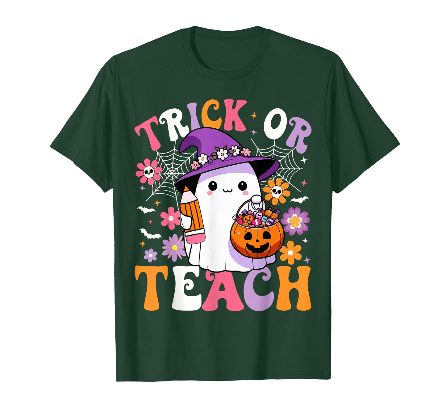 Trick Or Teach Groovy Teacher Ghost Funny Halloween Teacher T-Shirt