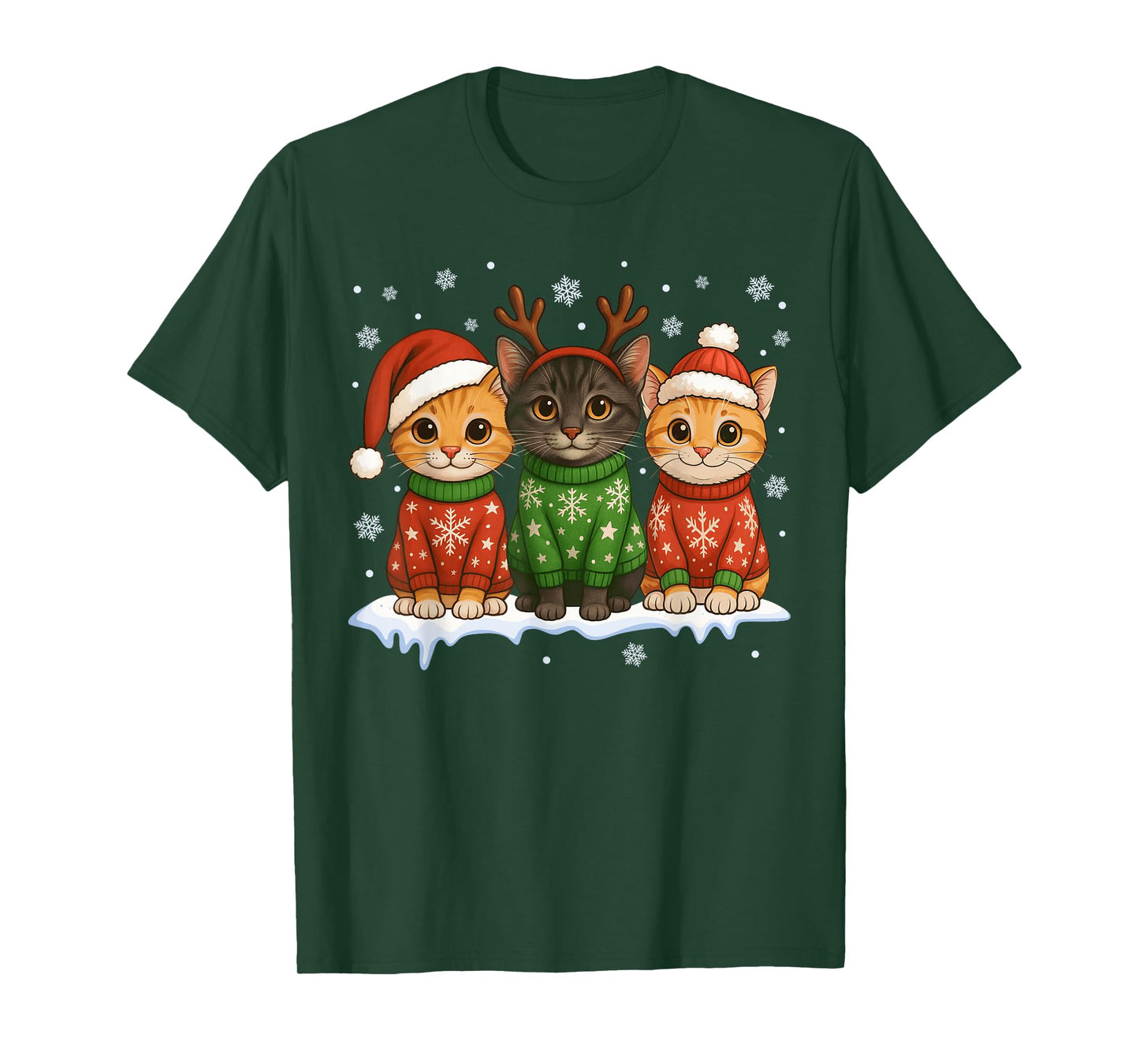 Cat Christmas Light Reindeer Santa Christmas Cat Lover T-Shirt