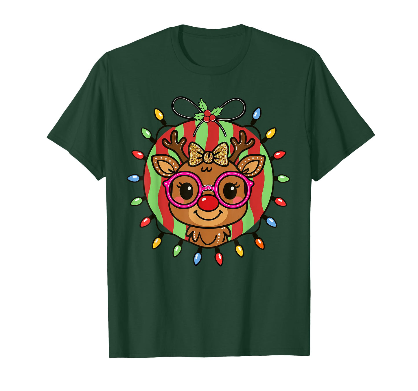 Cute Girls Women Reindeer Christmas Santa Glasses Family tee T-Shirt