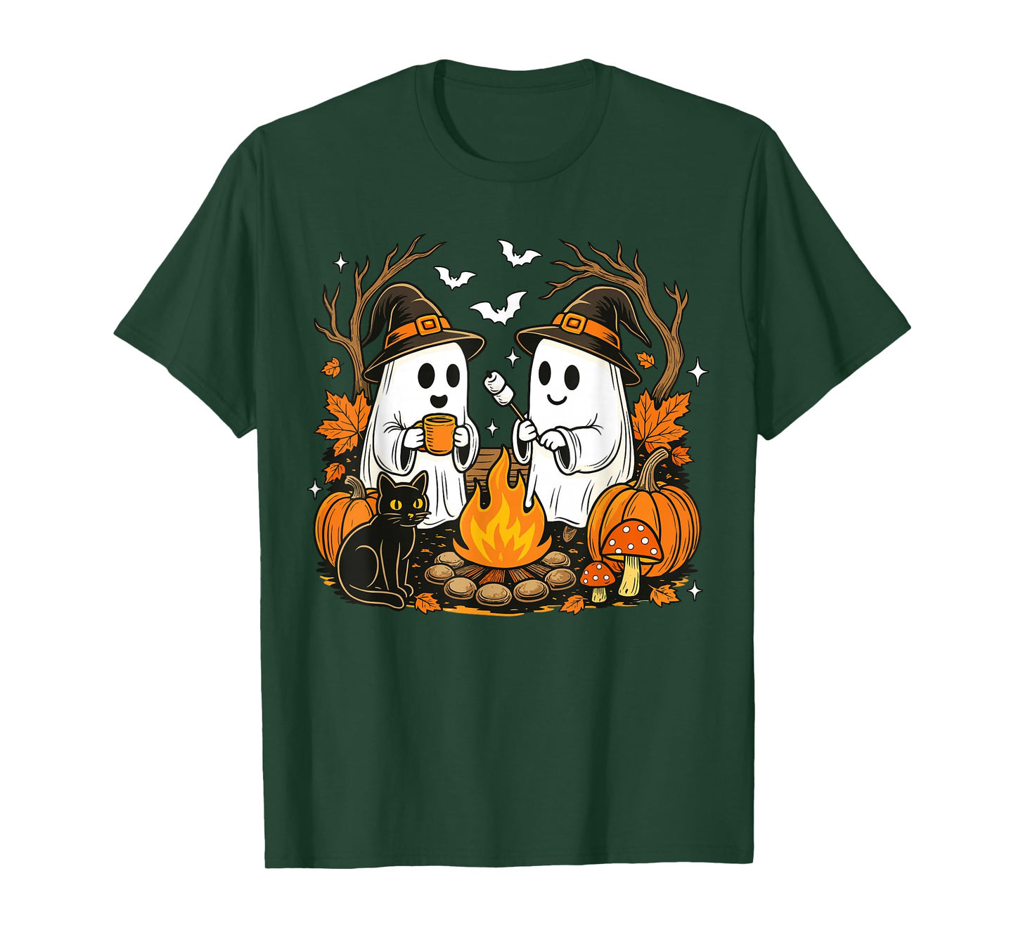 Cute Ghost Black Cat Halloween Witch Pumpkin Dark Forest T-Shirt