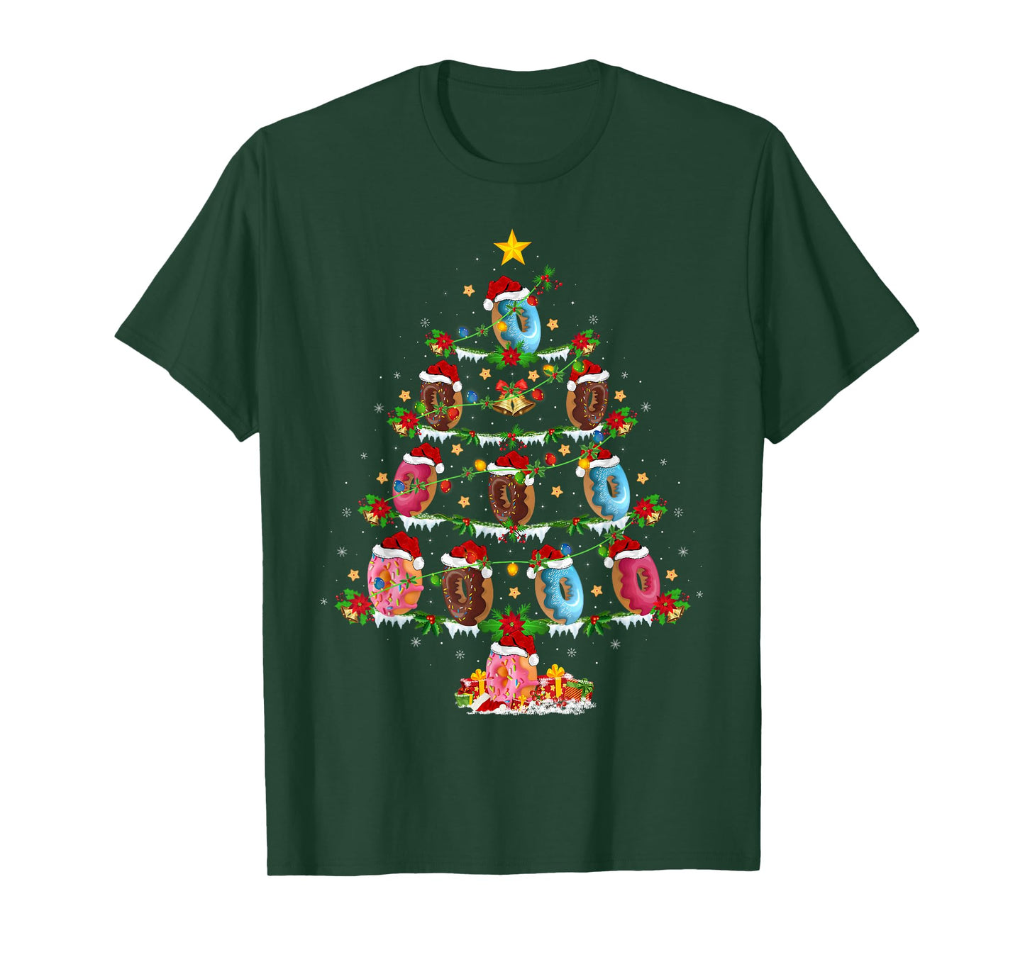 Donuts Christmas Tree Lights Funny Fast Food Donuts Xmas T-Shirt
