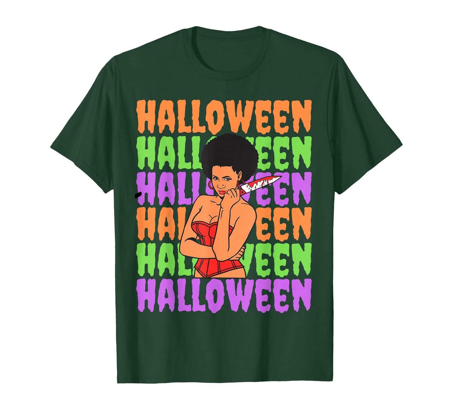 Funny Melanin Halloween Black Girl Magic Scary Blood Knife T-Shirt