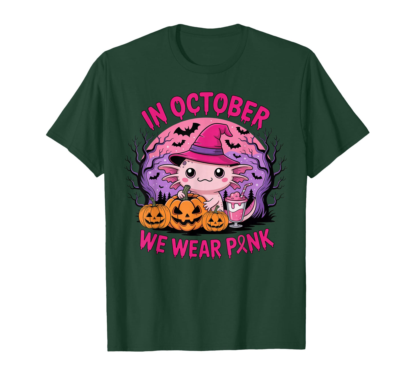 in October We Wear Pink Kawaii Axolotl Witch Pumpkins Squad T-Shirt