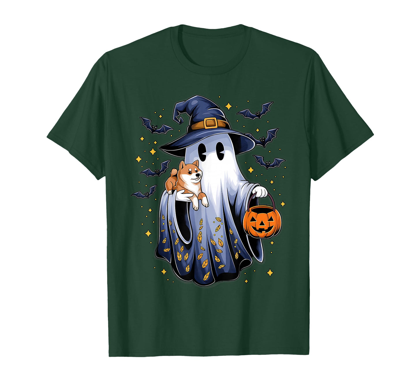Ghost Witch Holding Shiba Inu Dog Pumpkins Vintage Halloween T-Shirt