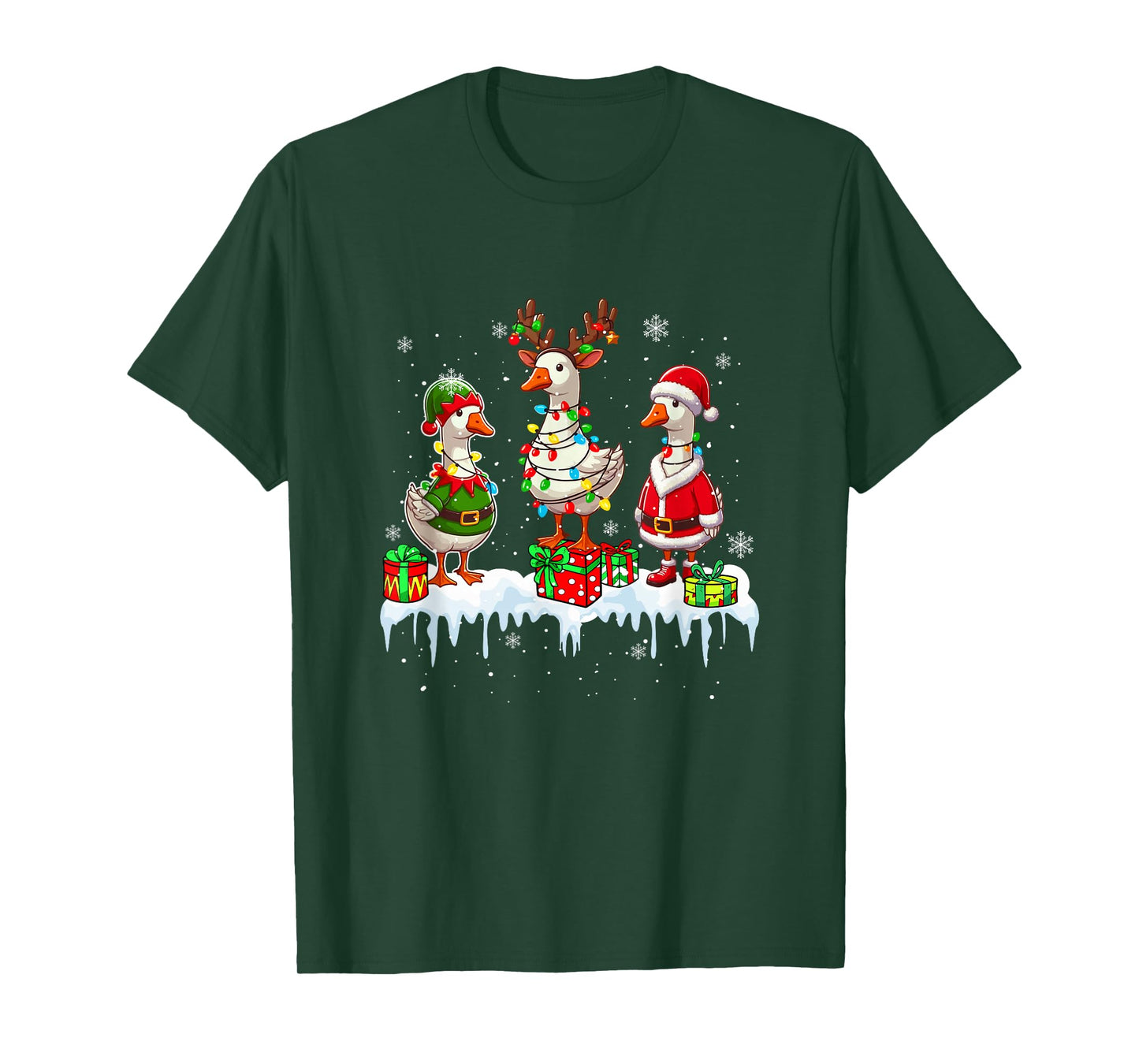 Three Santa Reindeer Elf Gooses Christmas Colorful Lights T-Shirt