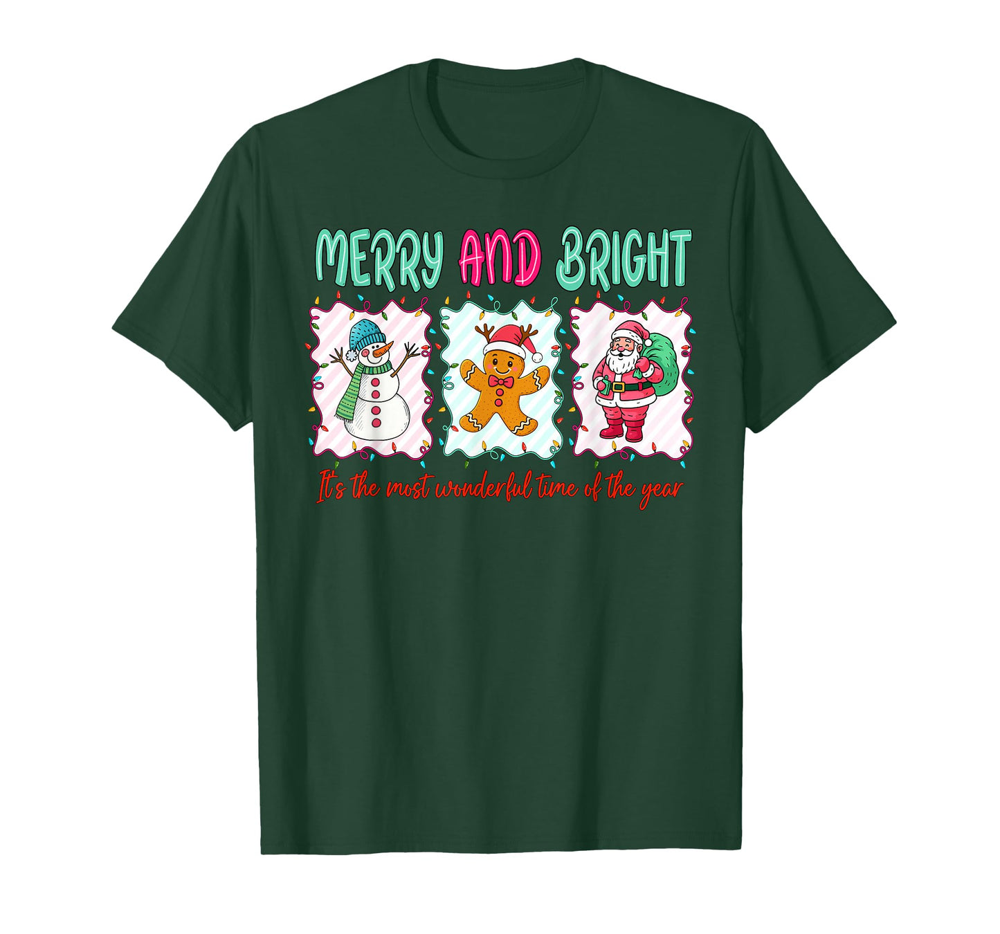 Merry and Bright Gingerbread Santa Snowman Christmas Women T-Shirt