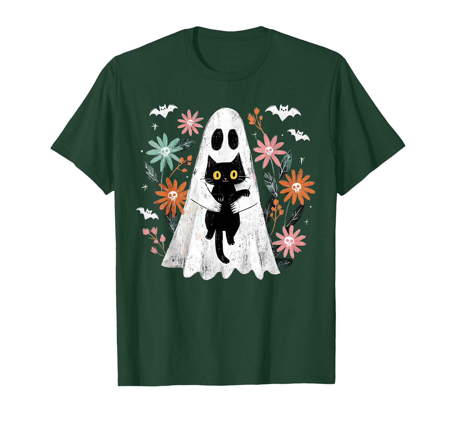 Spooky Ghost Hugging Black Cat Gothic Halloween Floral Skull T-Shirt