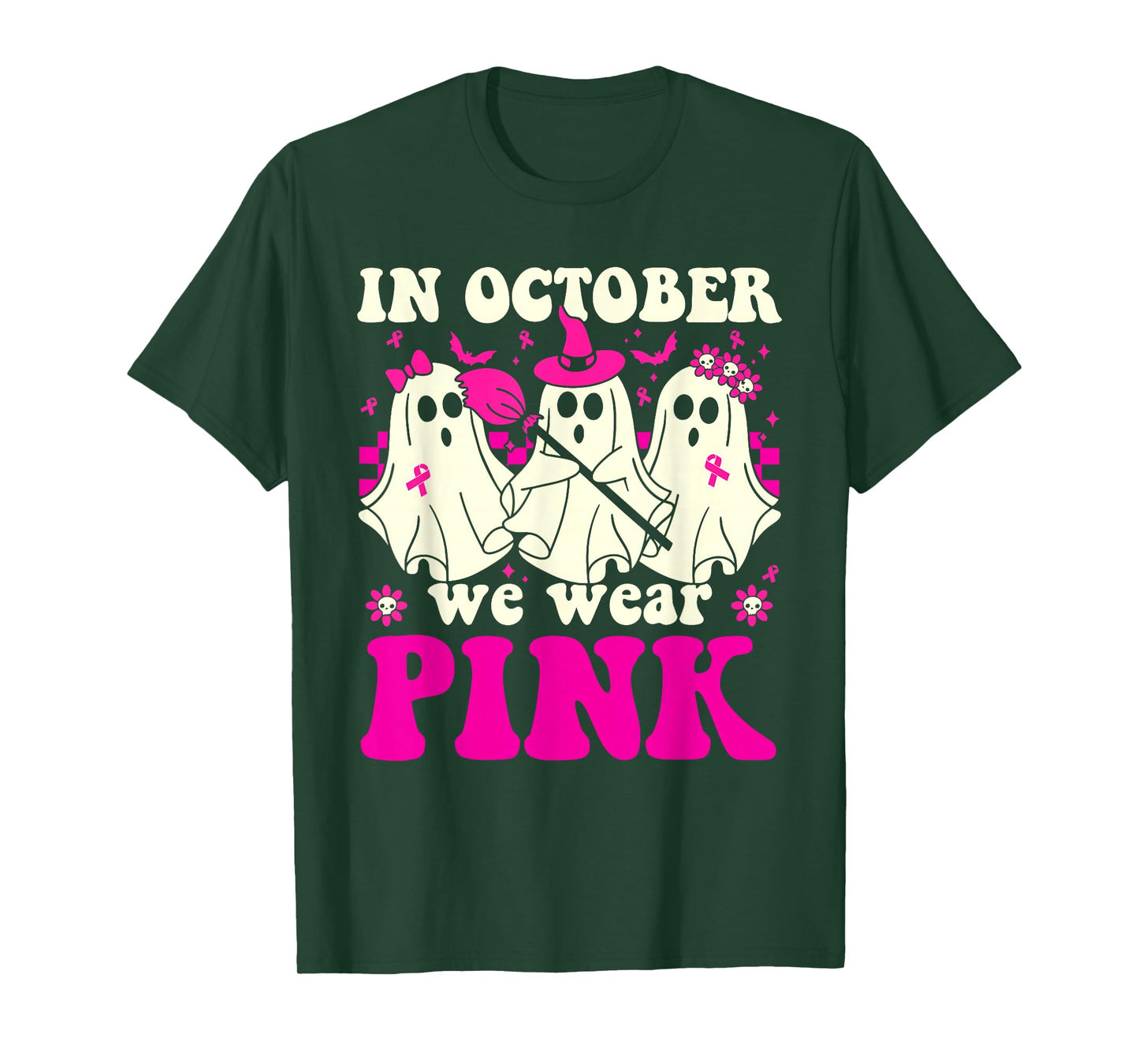 in October We Wear Pink Ghost Witch Breast Cancer Awareness T-Shirt
