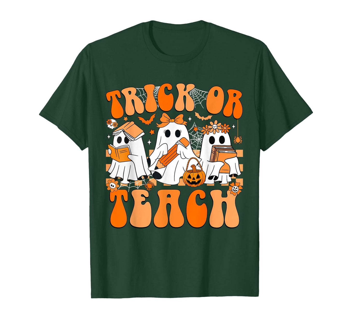 Trick Or Teach Groovy Teacher Halloween Retro Floral Ghost T-Shirt