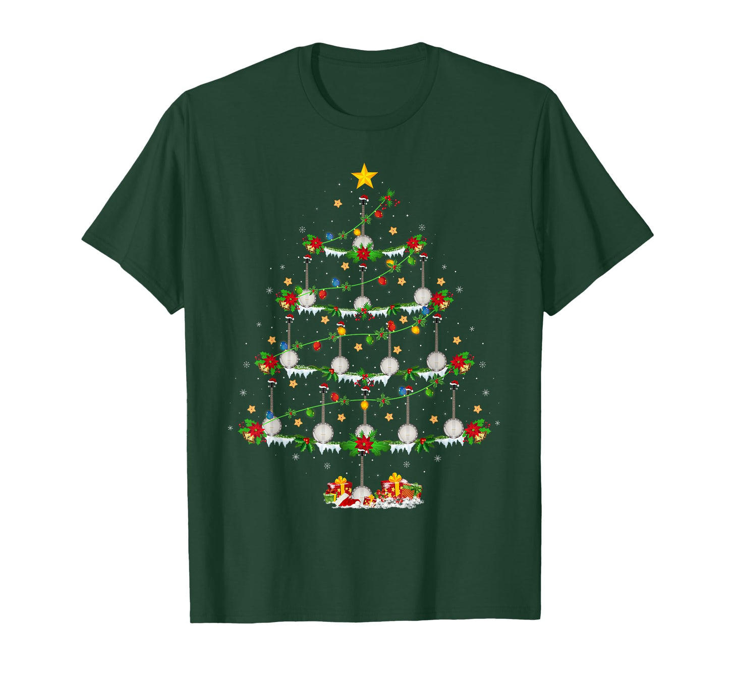Musical Banjo Christmas Tree Lights Funny Music Lover Xmas T-Shirt