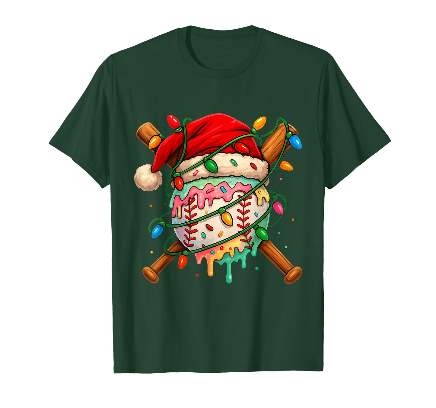 Baseball Christmas Ice Cream Santa Hat Lights Men Kid Family T-Shirt