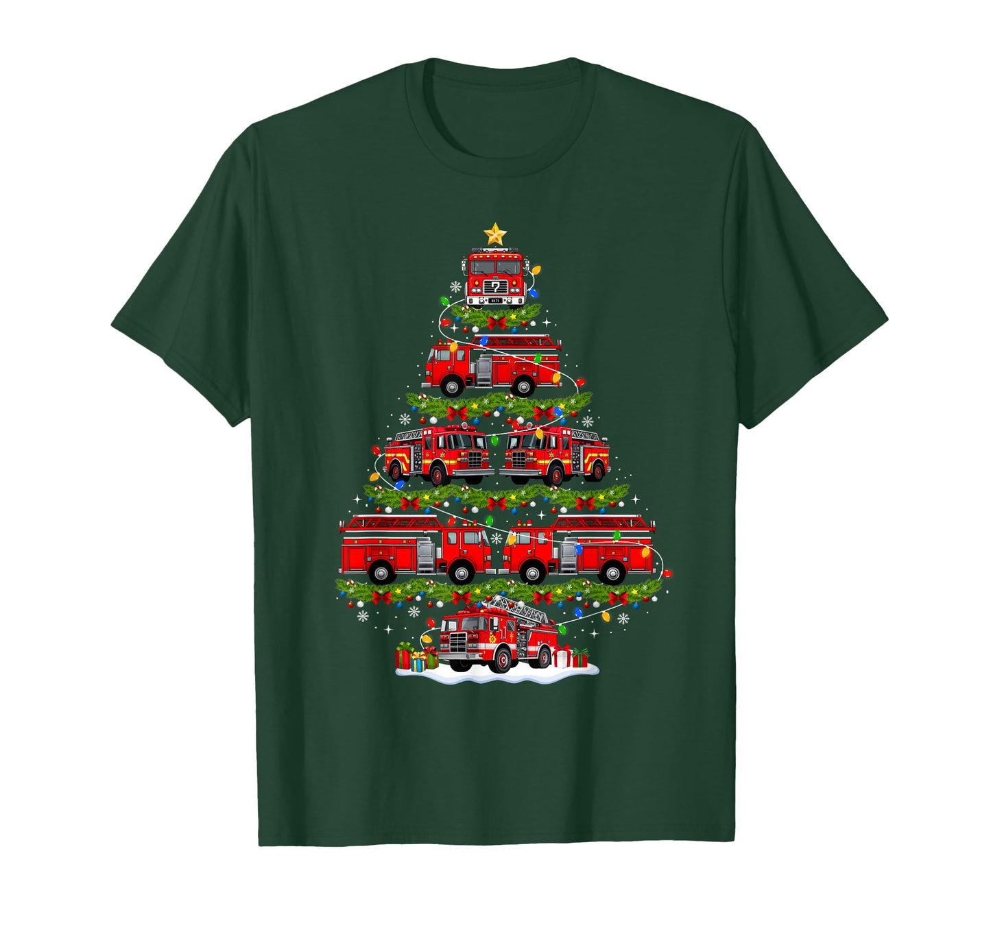 Fire Truck Firefighter Christmas Tree Lights Xmas Pajamas T-Shirt
