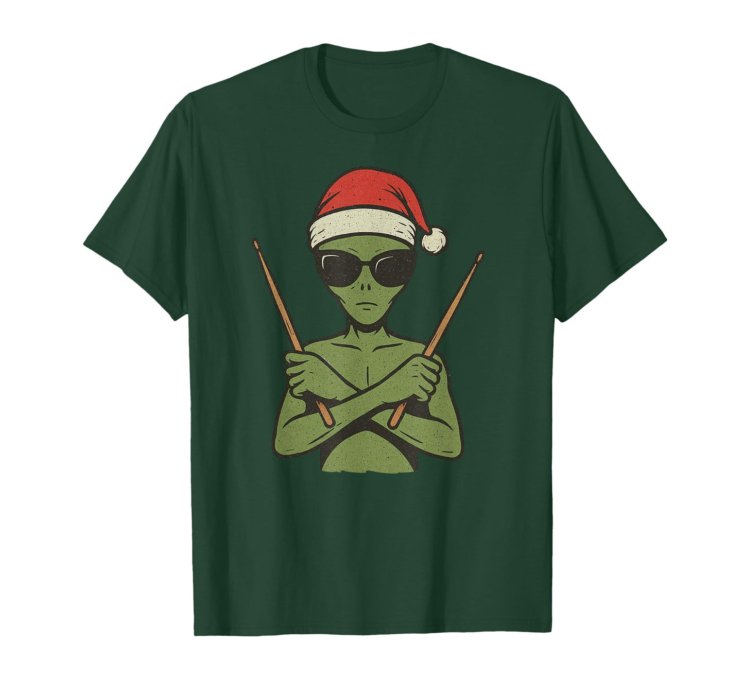 Alien Playing Drums Christmas Vintage Funny Drummer Xmas T-Shirt