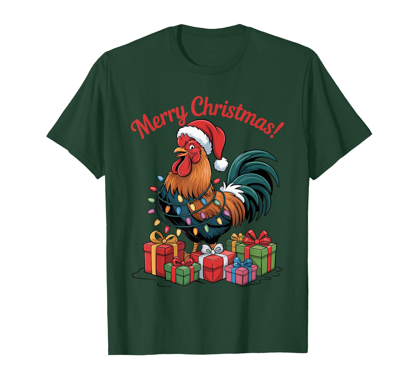 Funny Rooster Santa Hat Animals Lovers Ugly Christmas Pajama T-Shirt