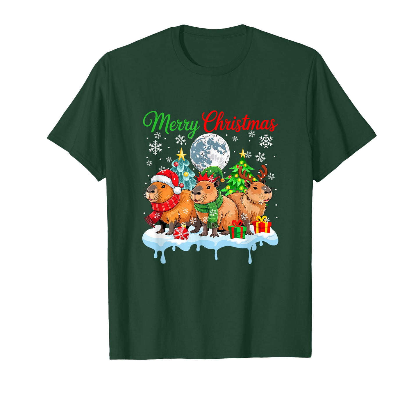 Merry Christmas Three Santa Elf Reindeer Capybaras Rodent T-Shirt