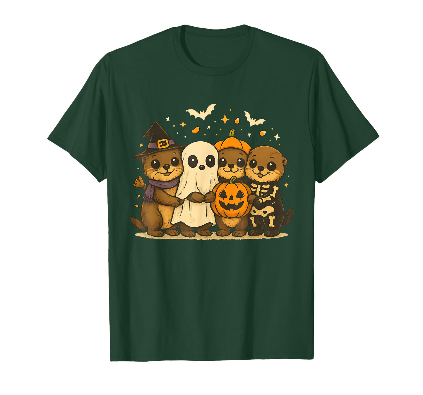 Witch Ghost Pumpkin Skeleton Otters Halloween Sea Animal T-Shirt