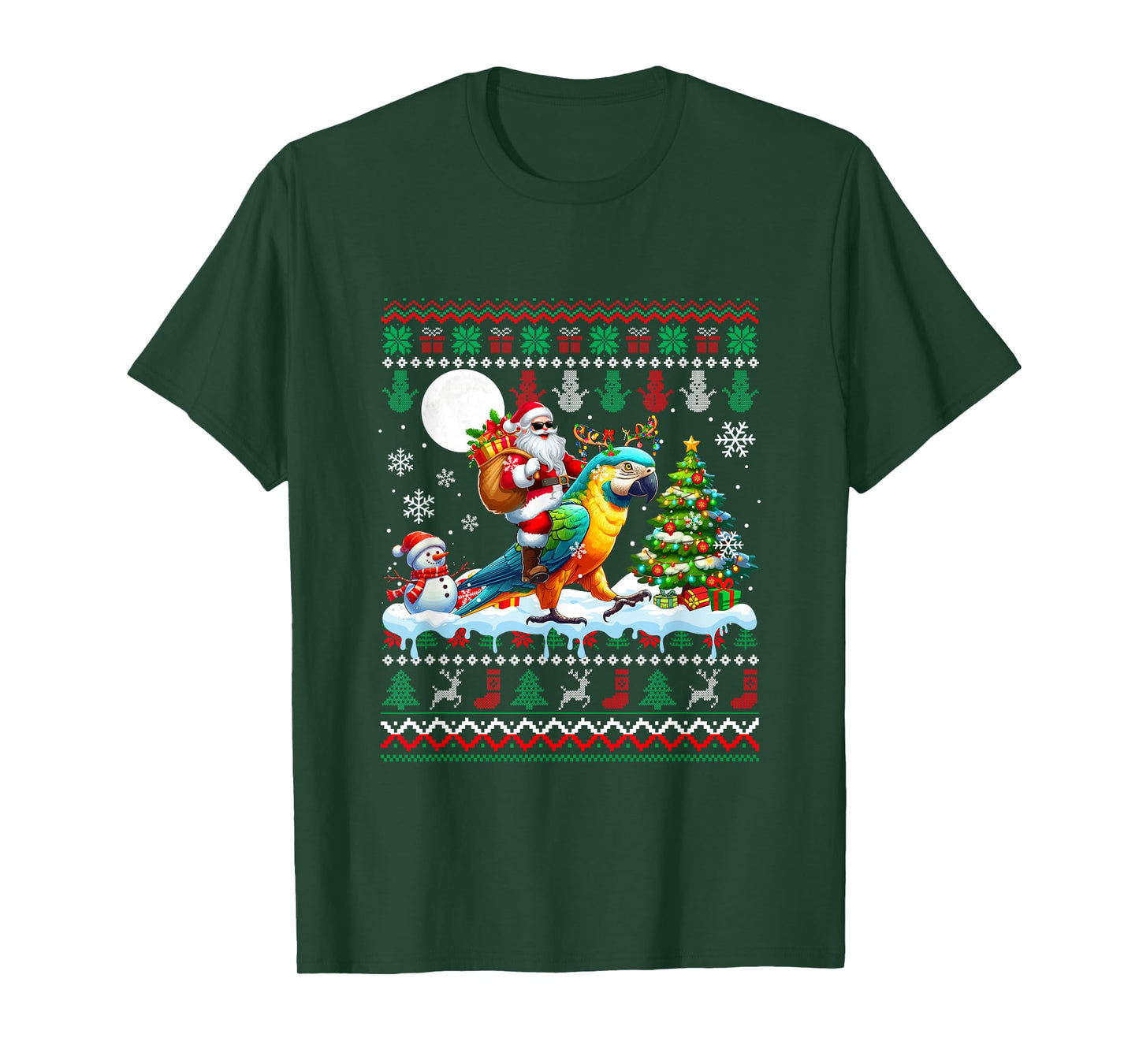 Santa Riding Reindeer Parrot Sweater Xmas Tree Snowman T-Shirt
