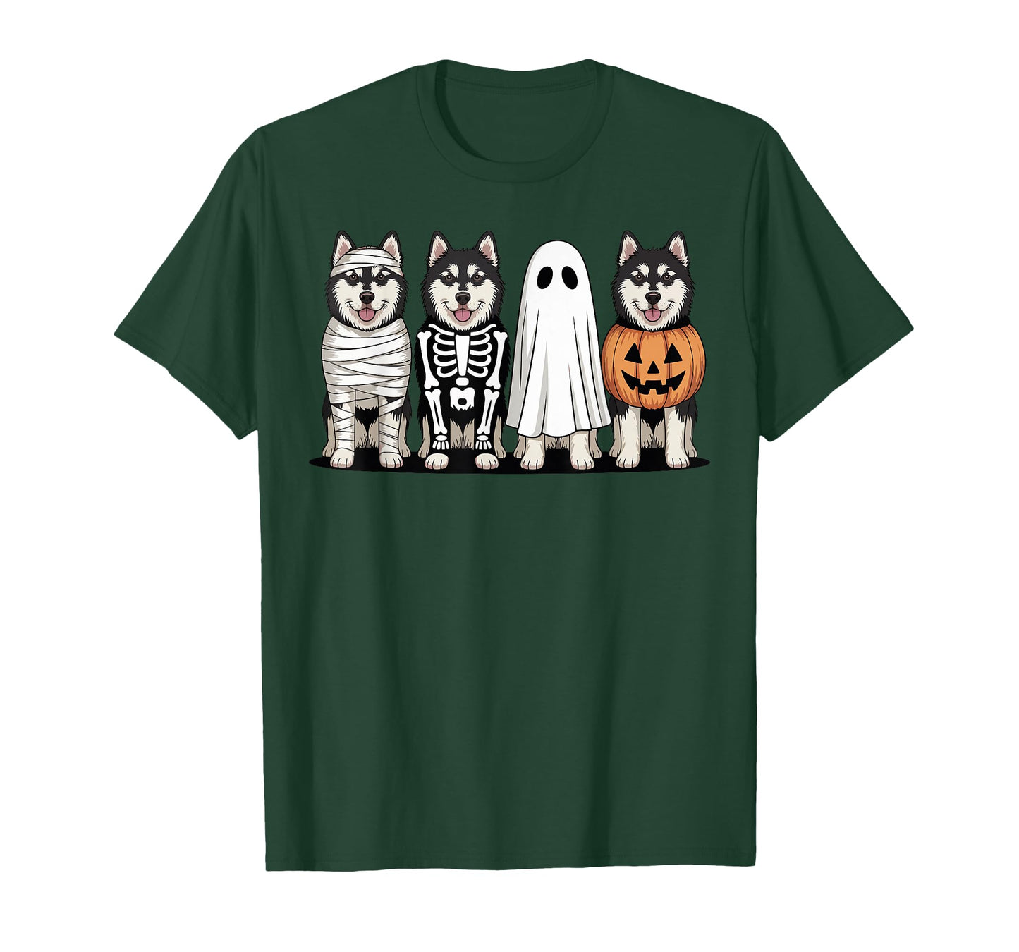 Spooky Ghost Alaskan Malamute Pumpkin Halloween Dog Skeleton T-Shirt