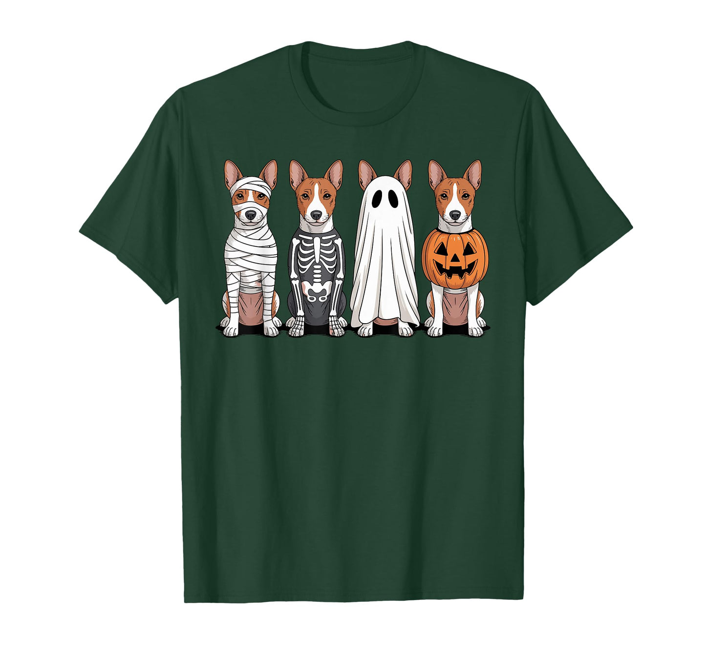 Spooky Ghost Basenji Pumpkin Halloween Dog Skeleton T-Shirt
