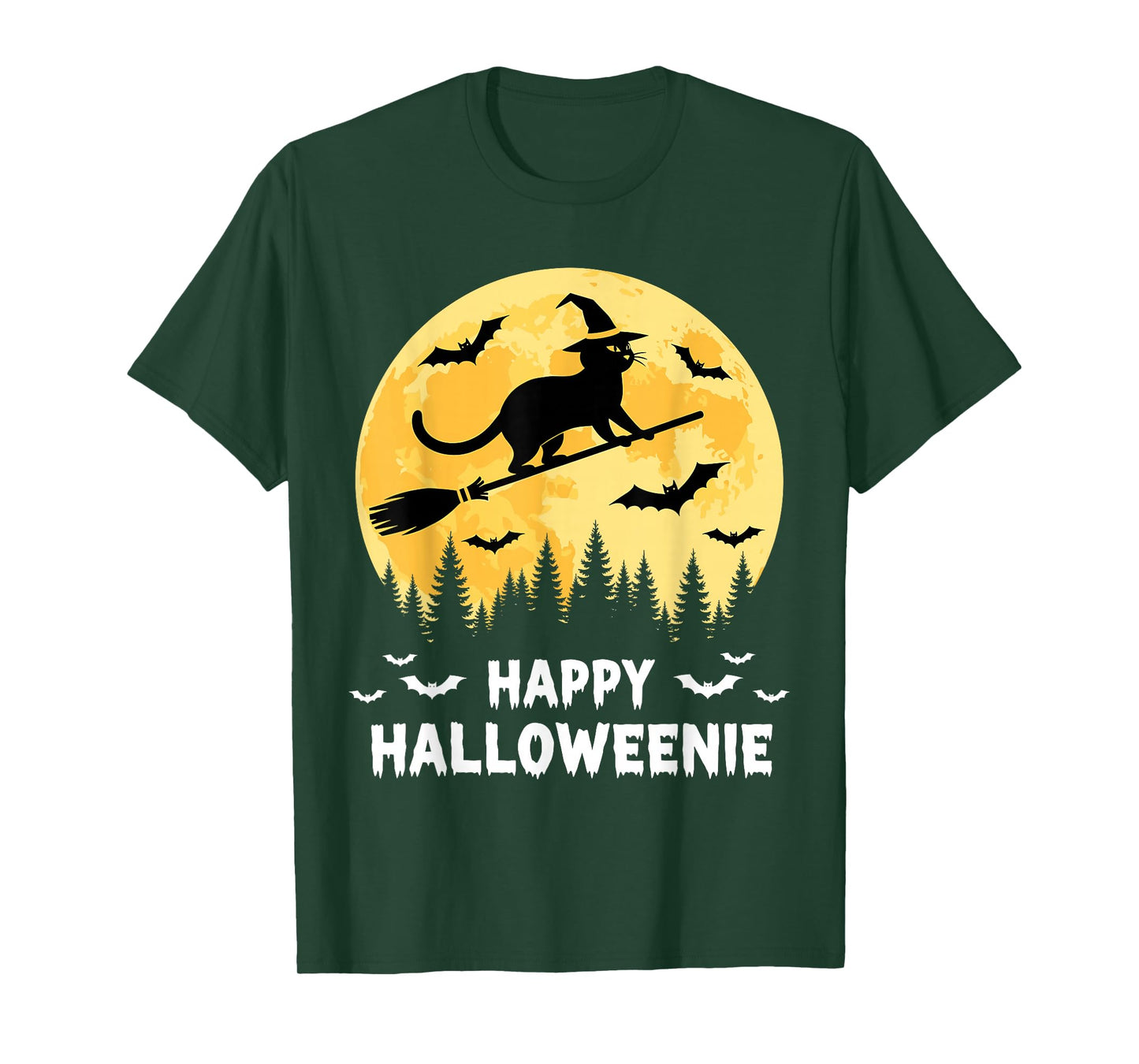 Happy Halloweenie Funny Halloween Cat Flying Witch T-Shirt