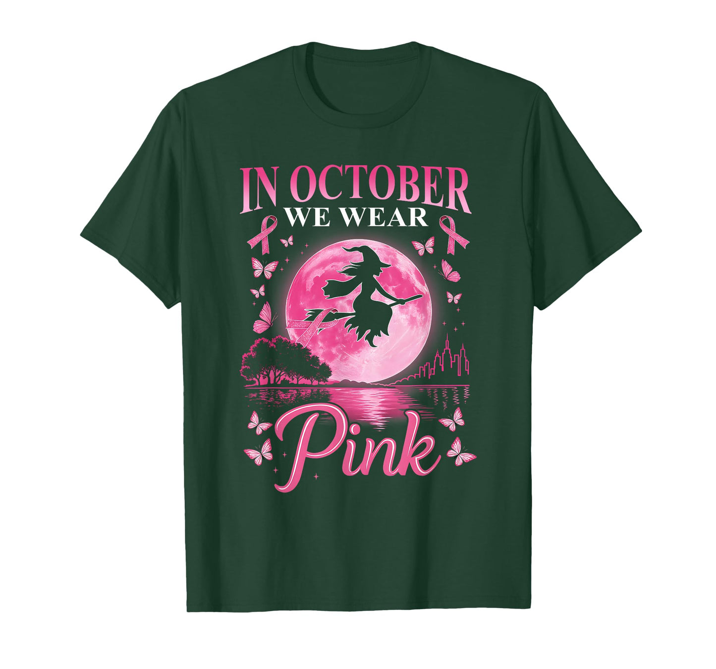 in October We Wear Pink Ribbon Witch Halloween Breast Cancer T-Shirt
