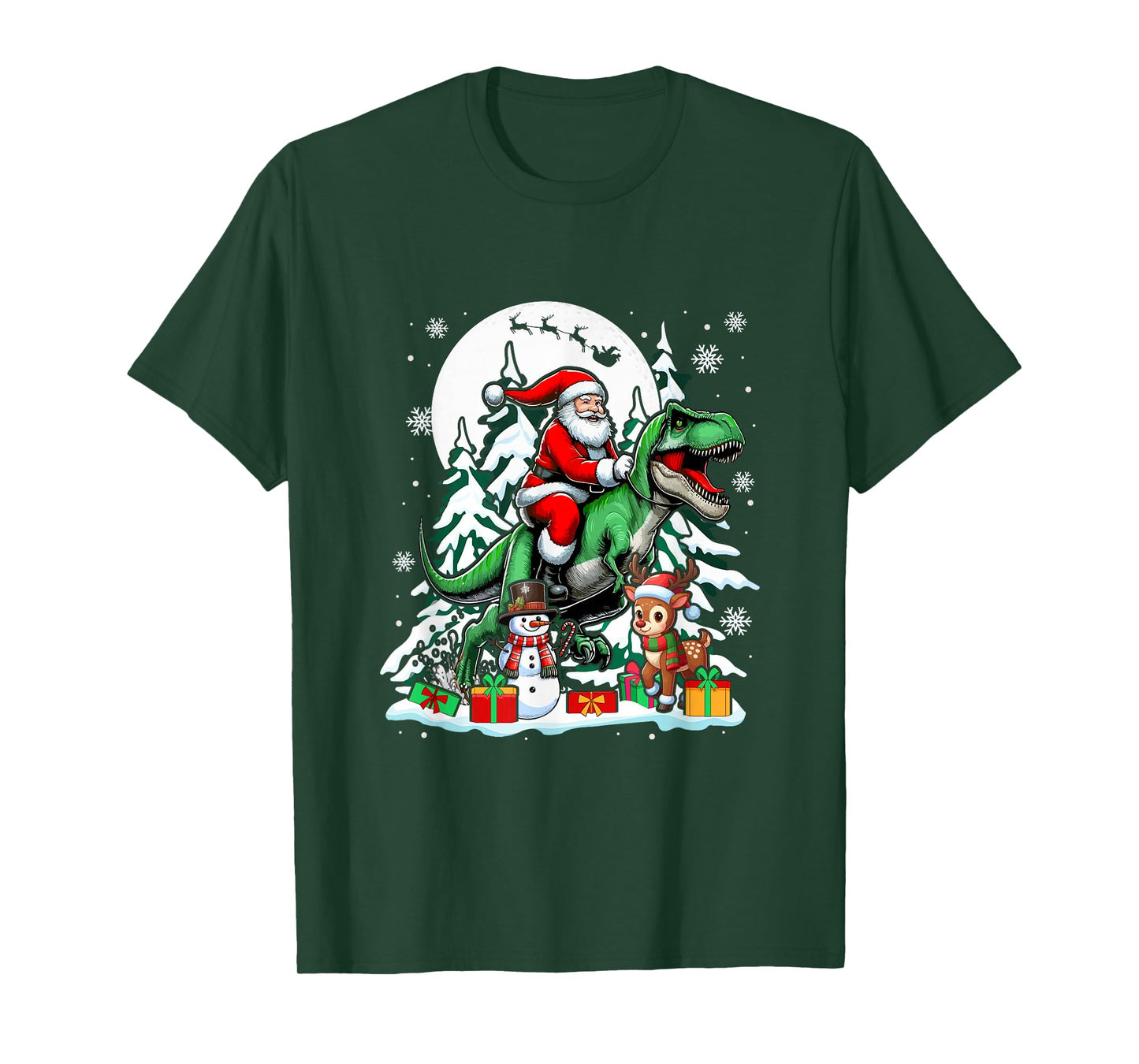 Santa Riding T-Rex Reindeer Snowman Christmas Family Kids T-Shirt